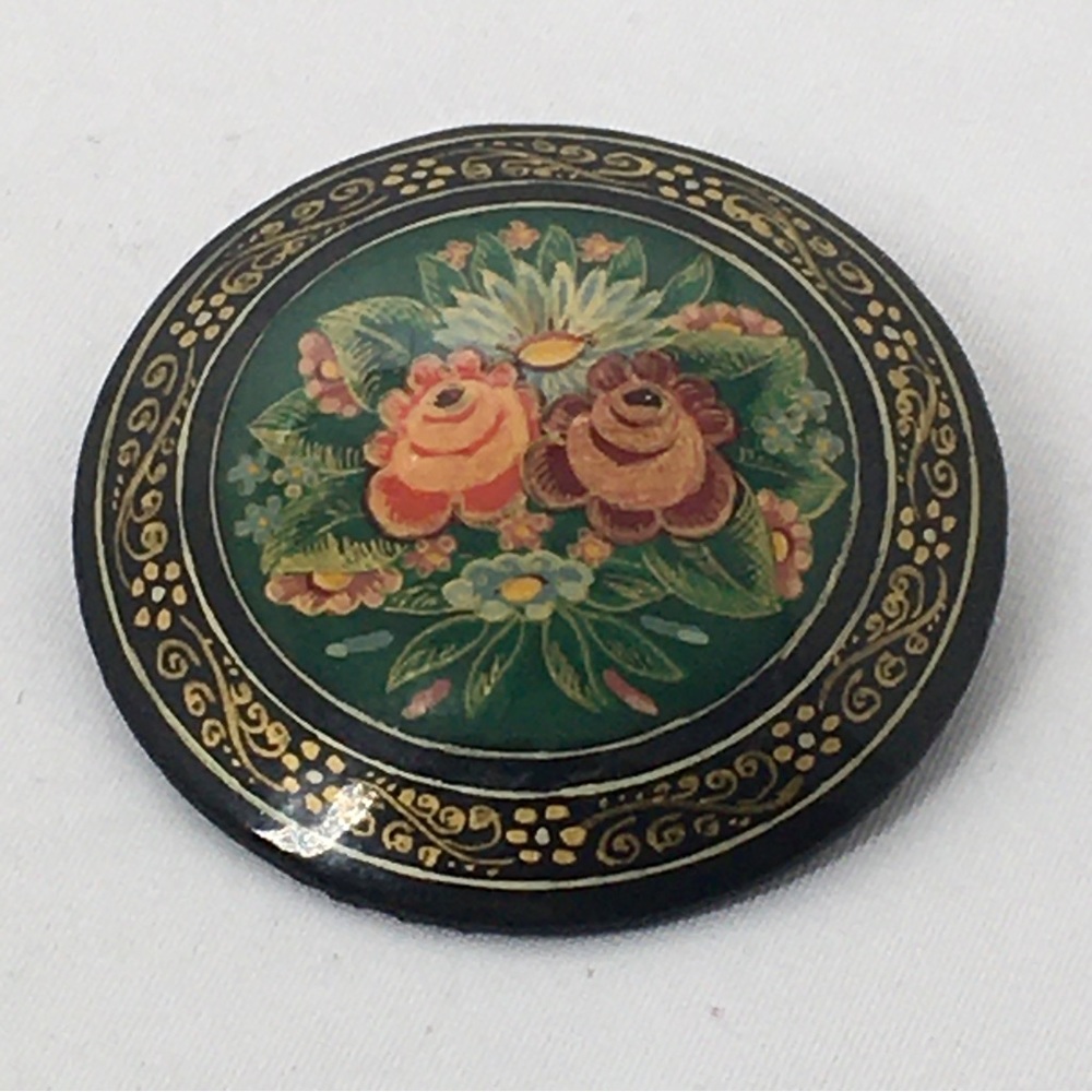 Vintage, Mstera Art, Hand-painted Lacquered Floral Russian, USSR, Brooch, Signed